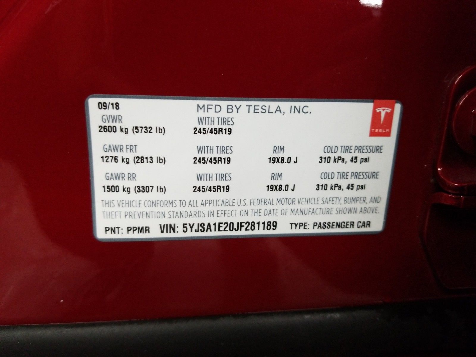 2018 Tesla Model s . Lot 99913850101 Vin 5YJSA1E20JF281189
