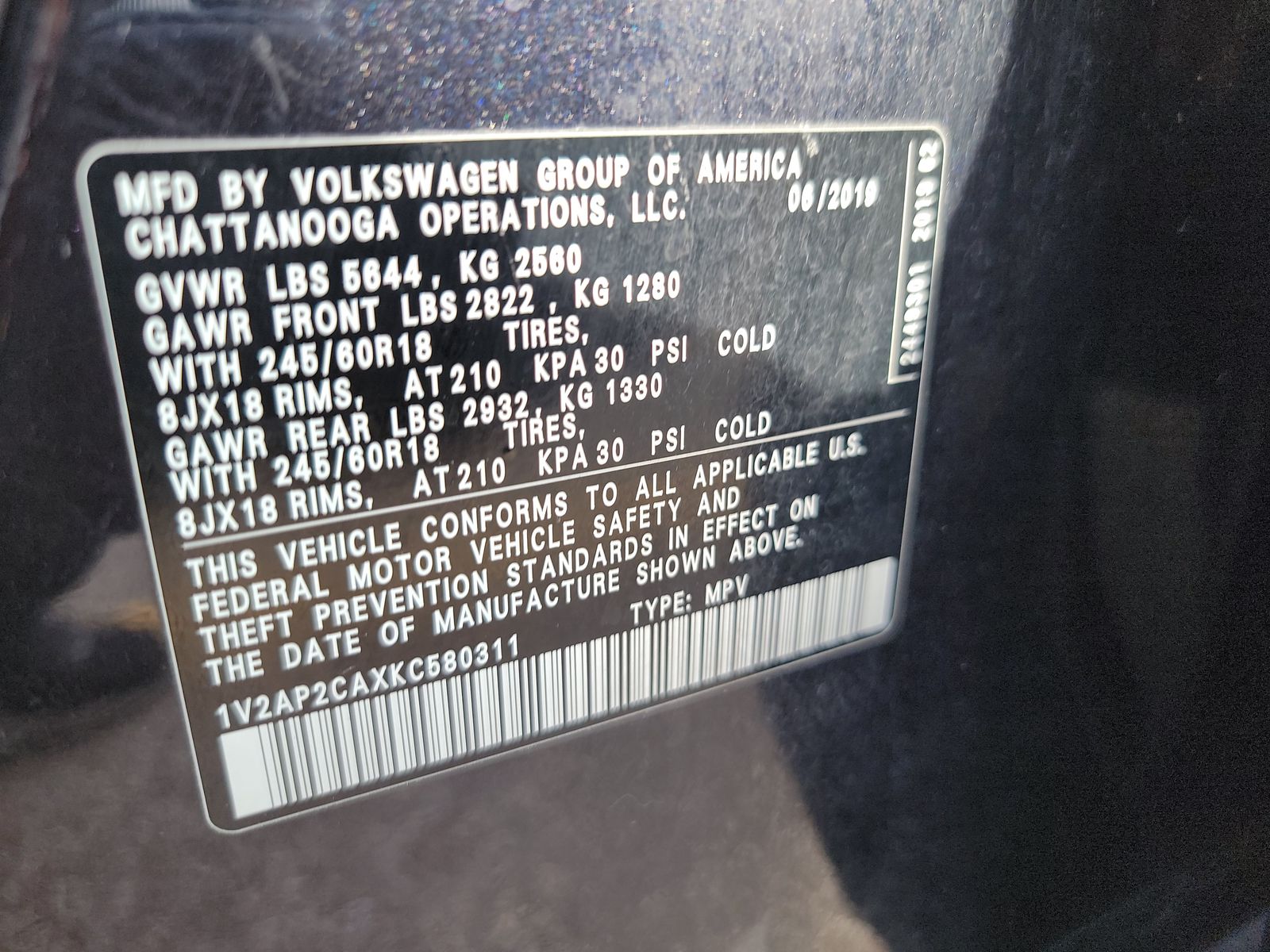 2019 Volkswagen Atlas 2.0T S FWD