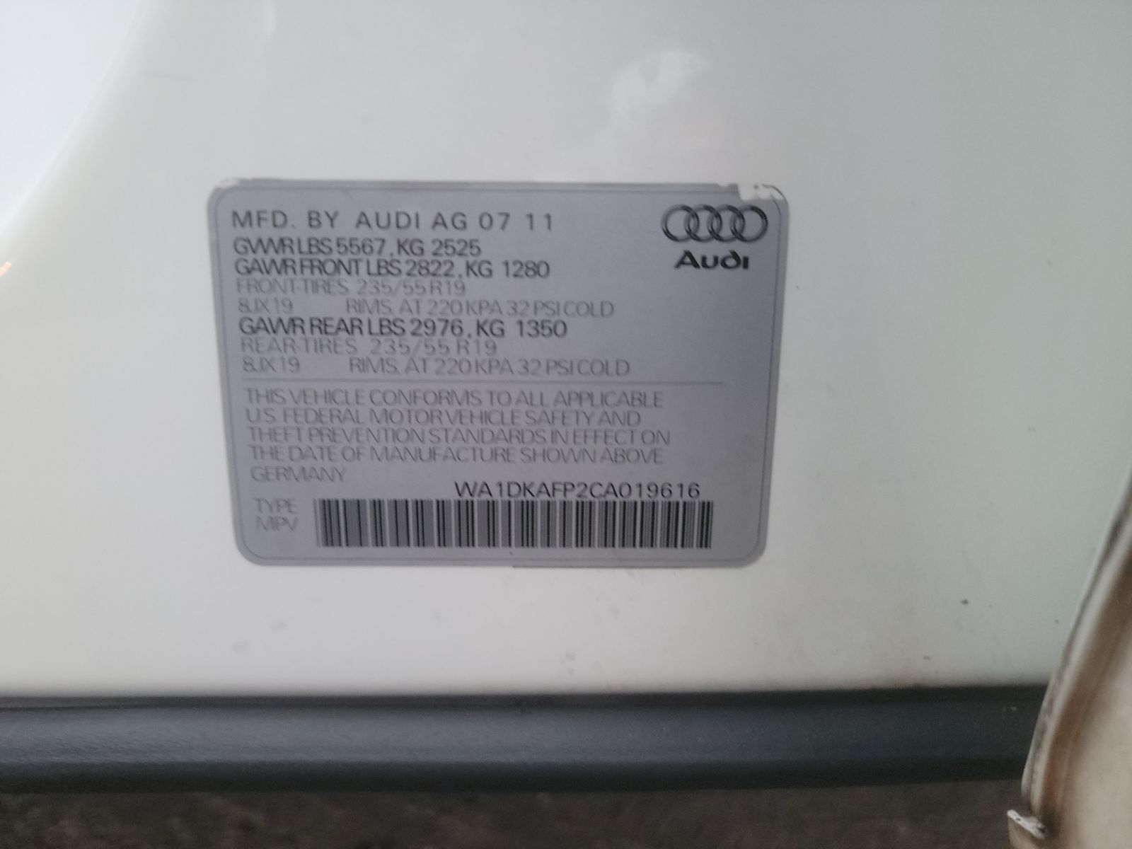 2012 Audi Q5 3.2L PRM  AWD