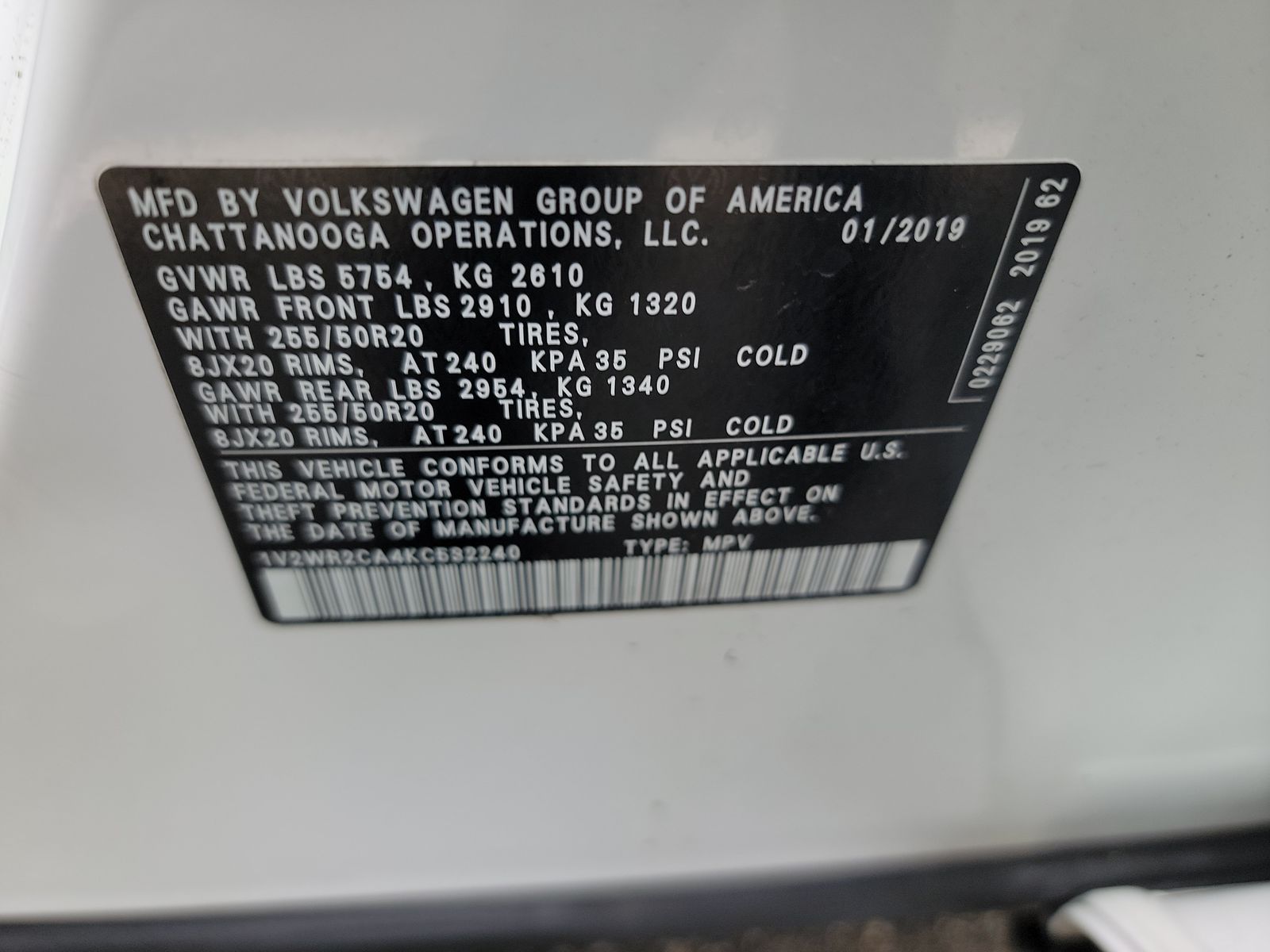 2019 Volkswagen Atlas 3.6L SE FWD