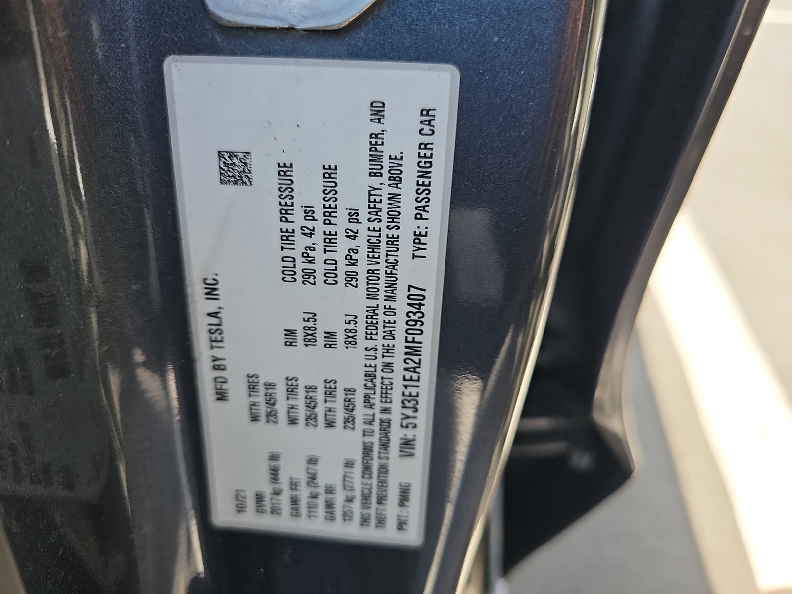 2021 Tesla Model 3 Standard Range Plus RWD