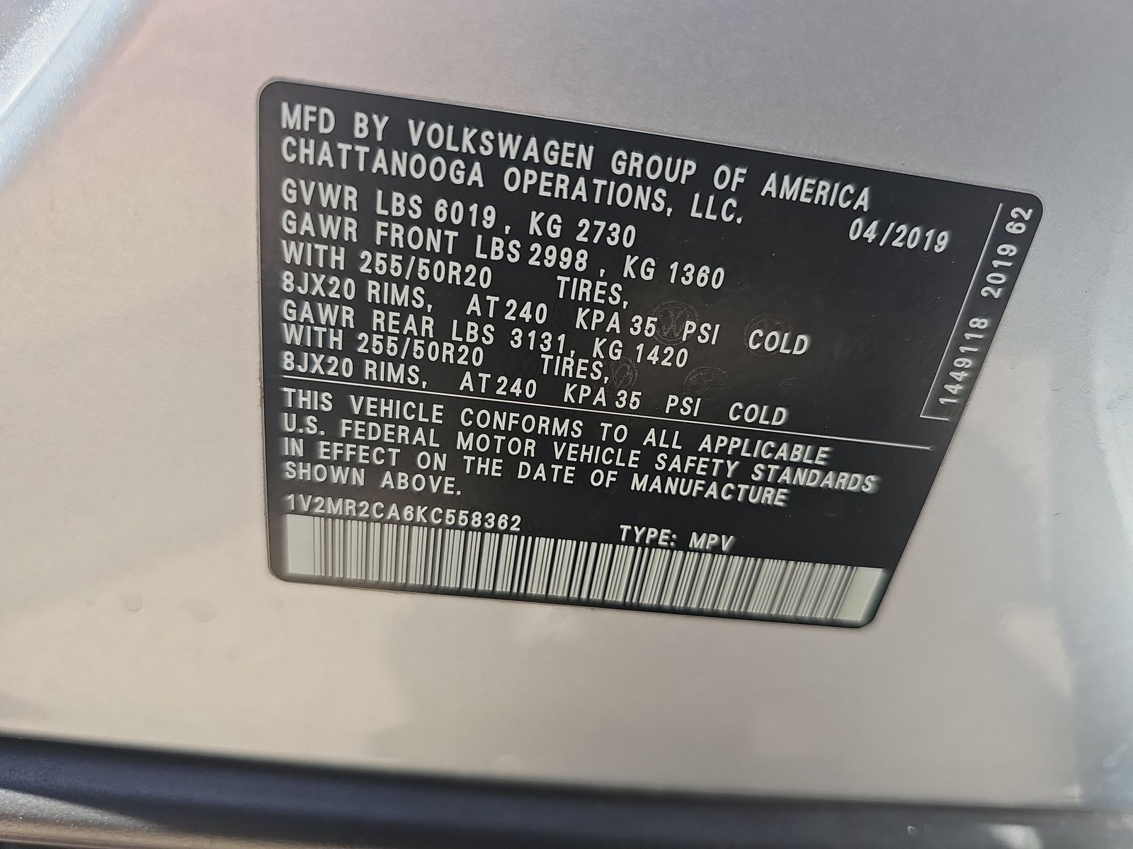 2019 Volkswagen Atlas 3.6L SEL AWD