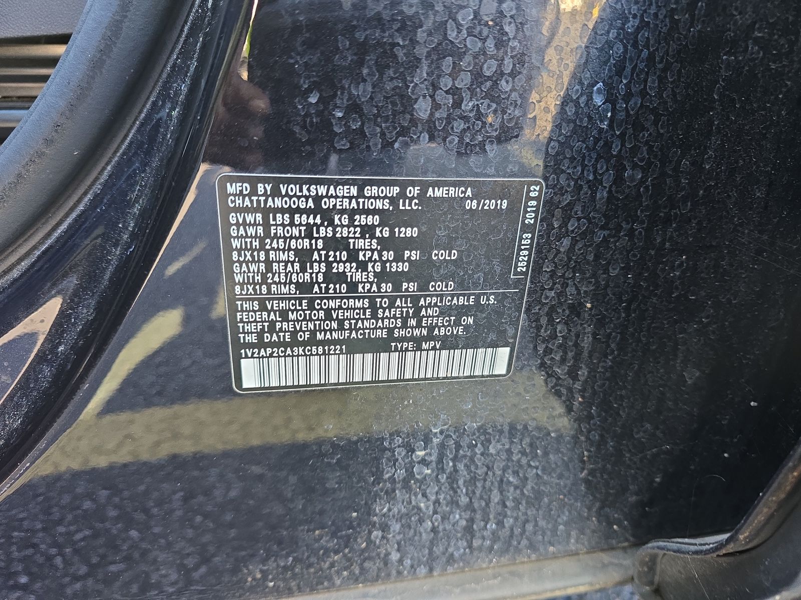 2019 Volkswagen Atlas 2.0T S FWD