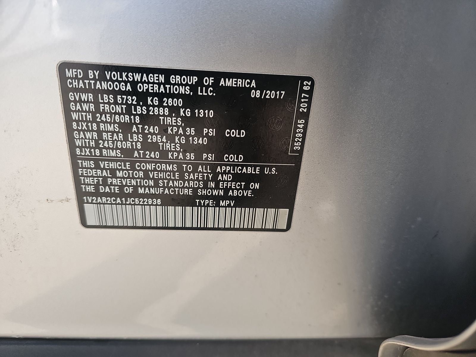 2018 Volkswagen Atlas 3.6L S FWD