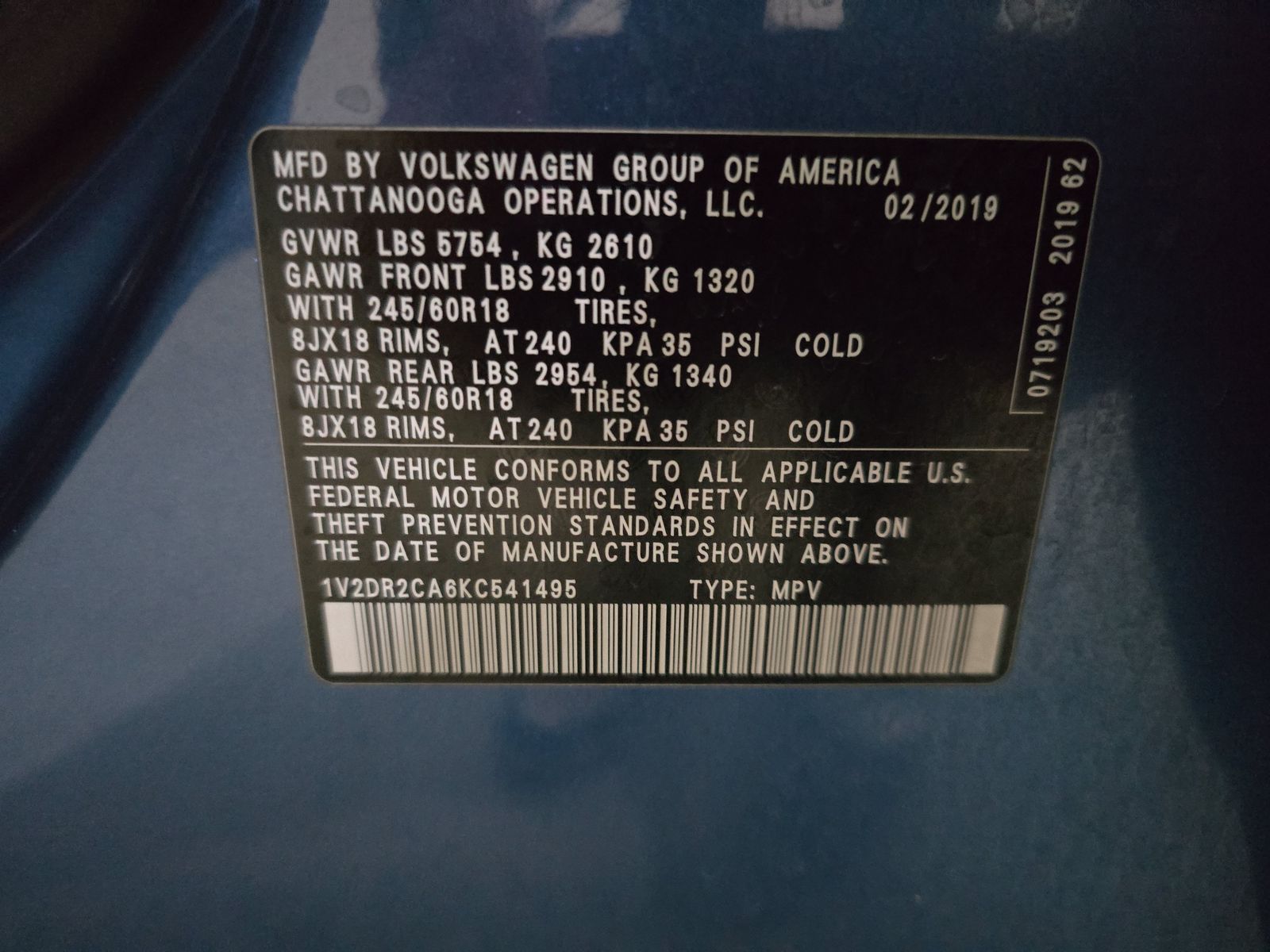 2019 Volkswagen Atlas 3.6L SE FWD