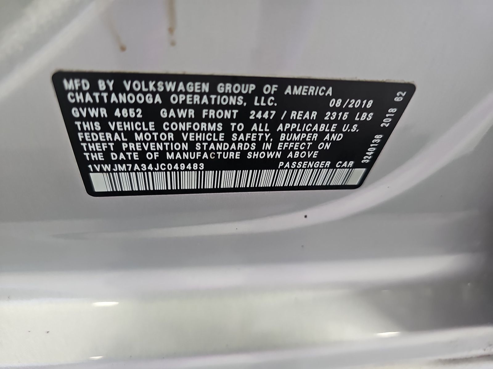 2018 Volkswagen Passat 3.6L FWD