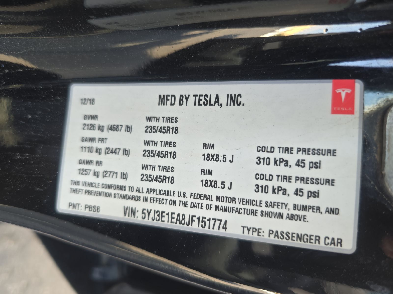 2018 Tesla Model 3 Mid Range RWD