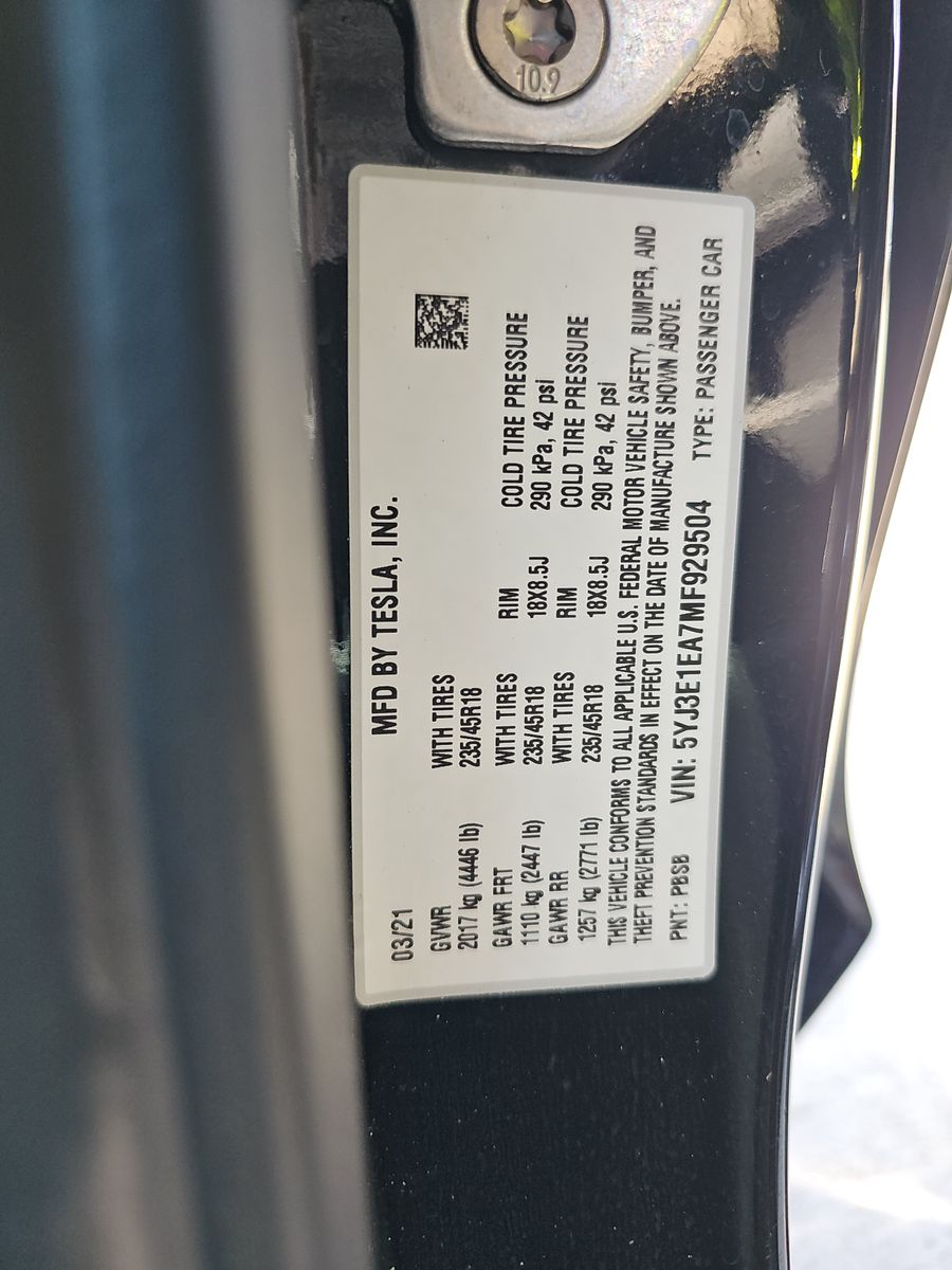 2021 Tesla Model 3 Standard Range Plus RWD