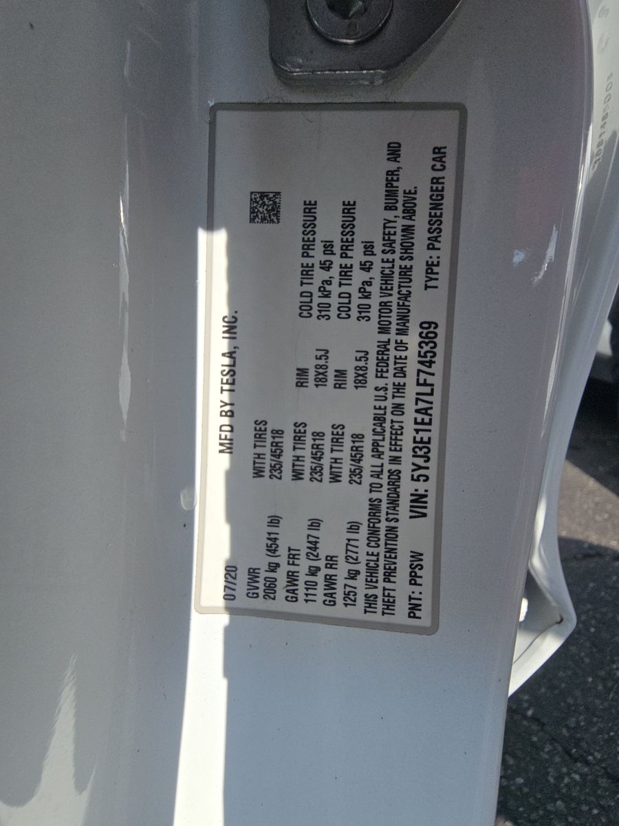 2020 Tesla Model 3 Standard Range Plus RWD