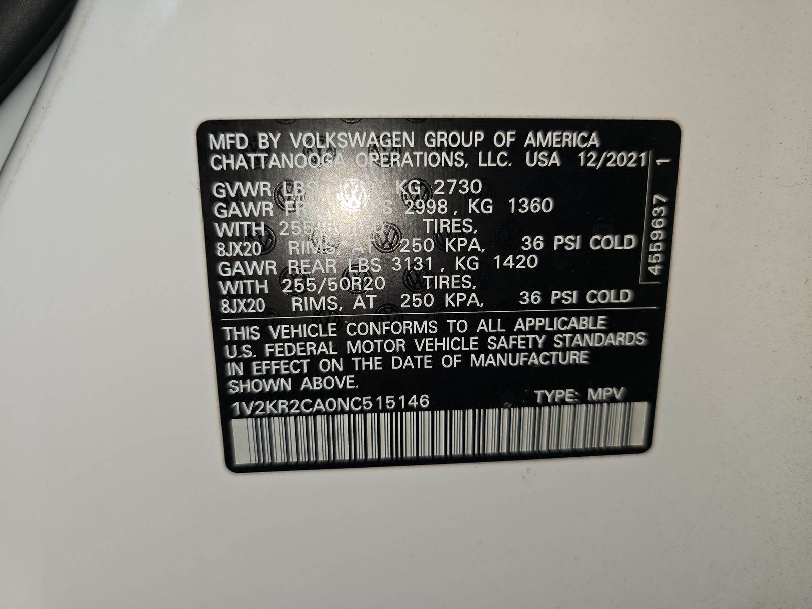 2022 Volkswagen Atlas 3.6L SE AWD