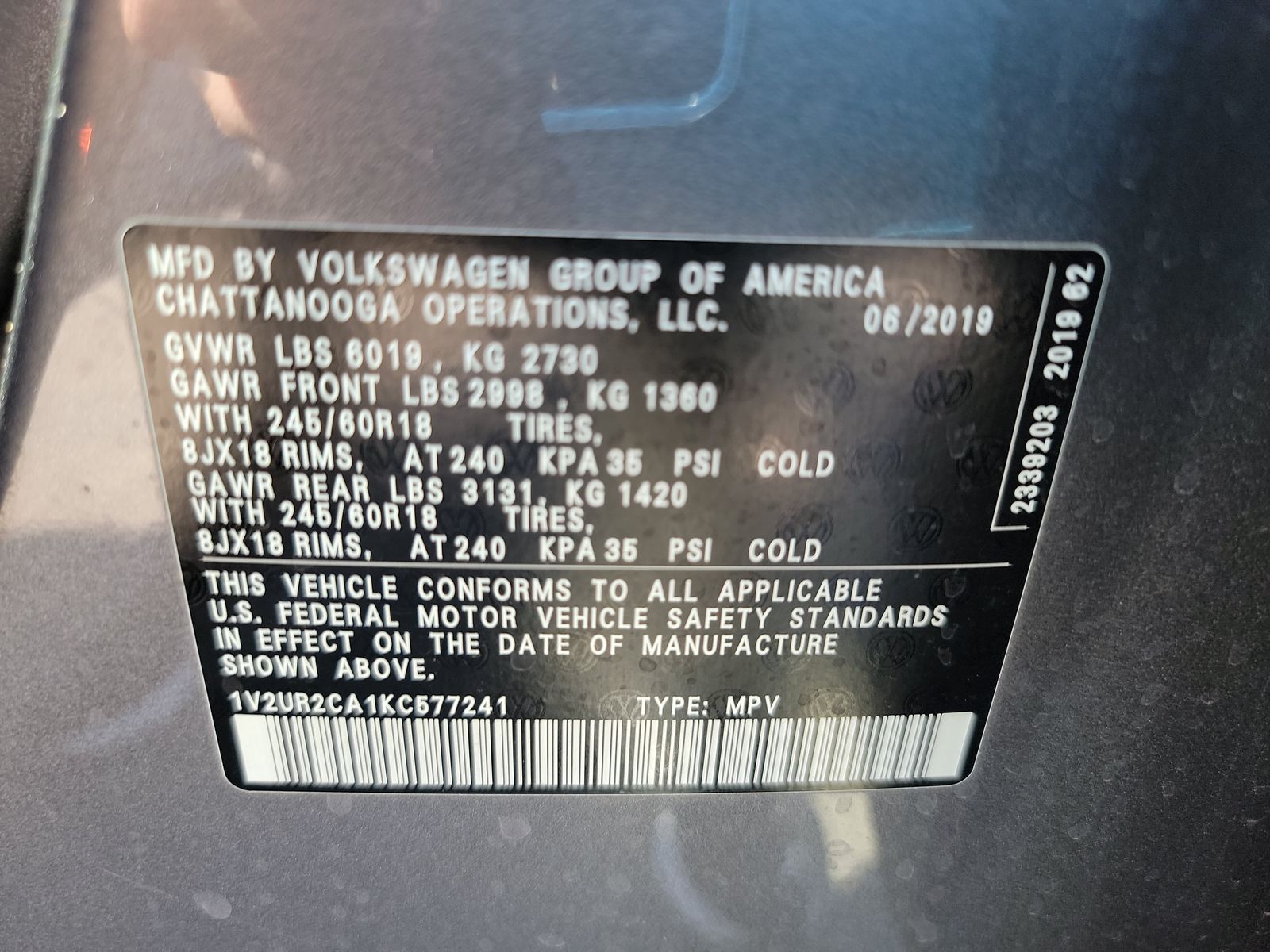 2019 Volkswagen Atlas 3.6L SE AWD